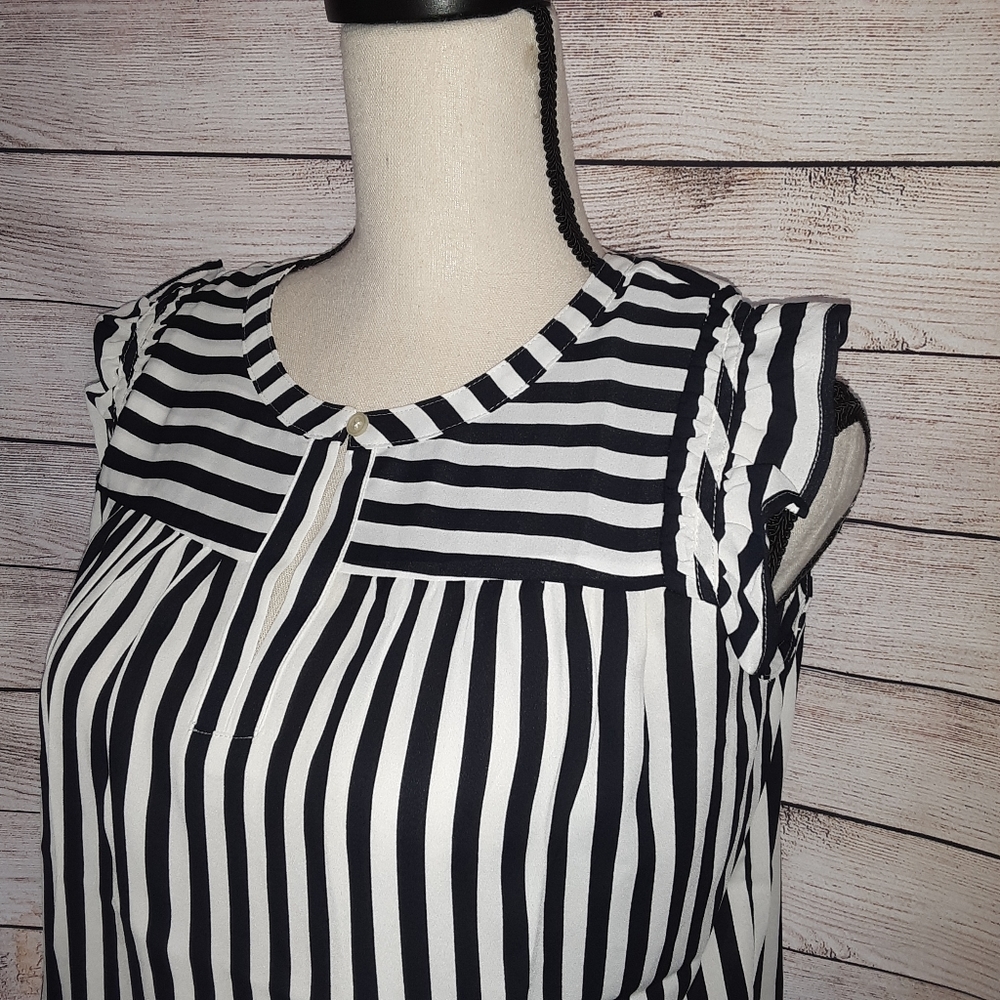 Loft Black & White Striped Flutter Slv Blouse.